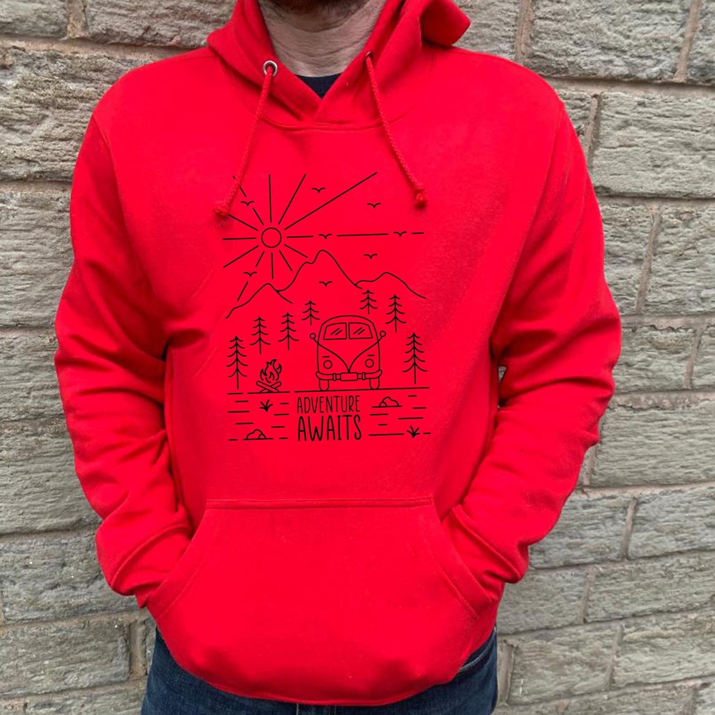 VW Camper Van Split Screen Adventure Awaits into the mountains Mens/Unisex Hoodie