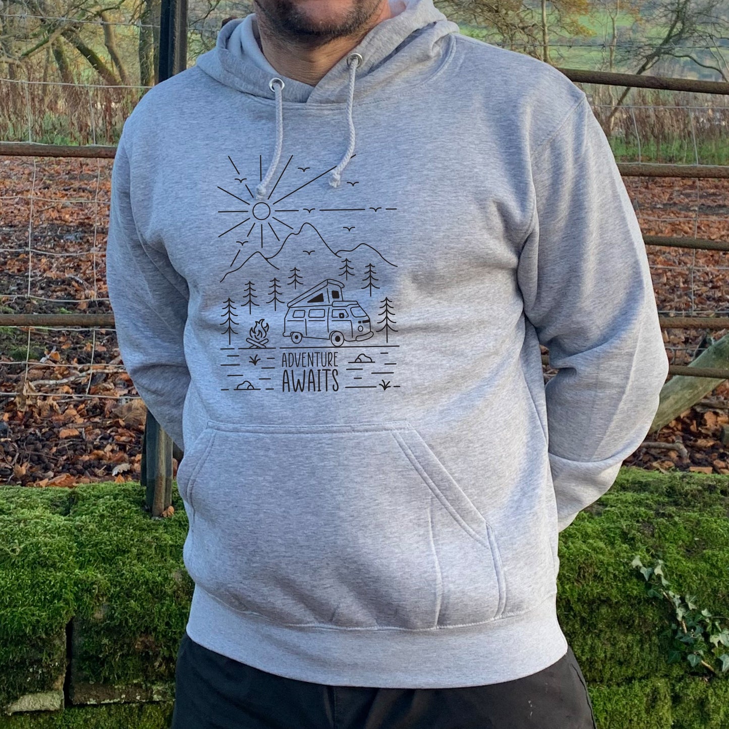 VW Camper Van Adventure Awaits into the mountains Mens/Unisex Hoodie