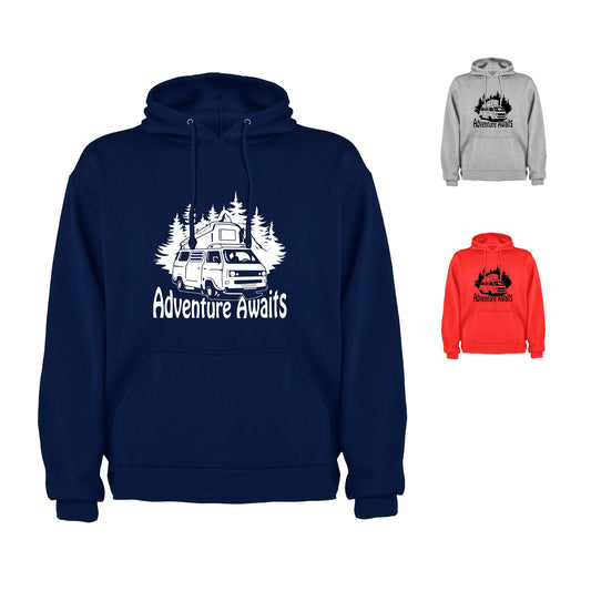 VW Camper Van Trails Adventure Awaits into the mountains Mens/Unisex Hoodie