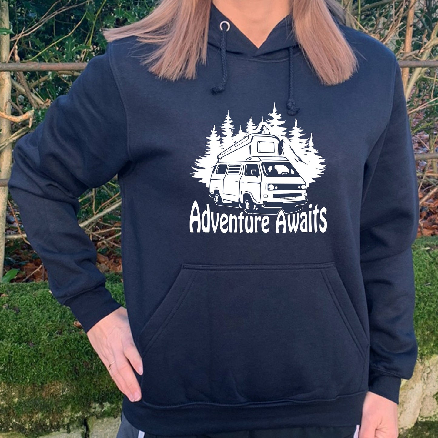 VW Camper Van Trails Adventure Awaits into the mountains Mens/Unisex Hoodie