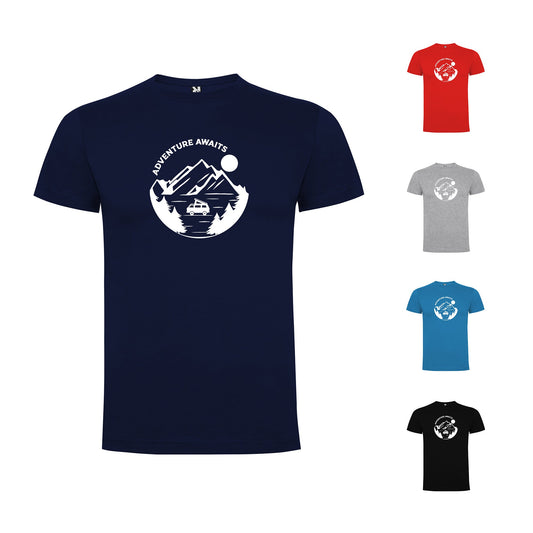 VW Adventure Awaits Into the Mountains Men`s T-shirt